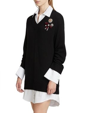 Cinq à Sept Santina Brooc V-Neck Sweater with Decorative Jewel Pins Size Small